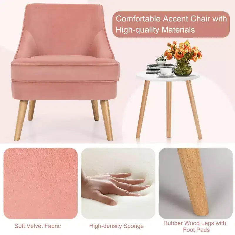 Costway Set of 2 Accent Chairs Velvet Single Sofa Chair w/Rubber Wood Legs Pink\Green\Grey