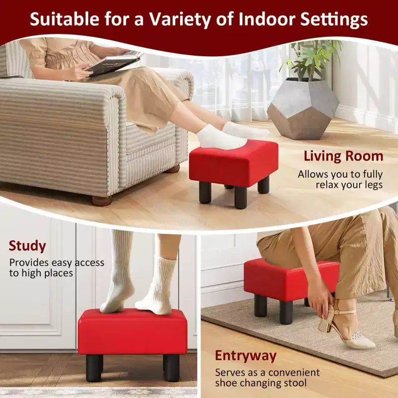 Costway PU Leather Ottoman Rectangular Footrest Small Stool w/ Padded Seat White/Black/Red