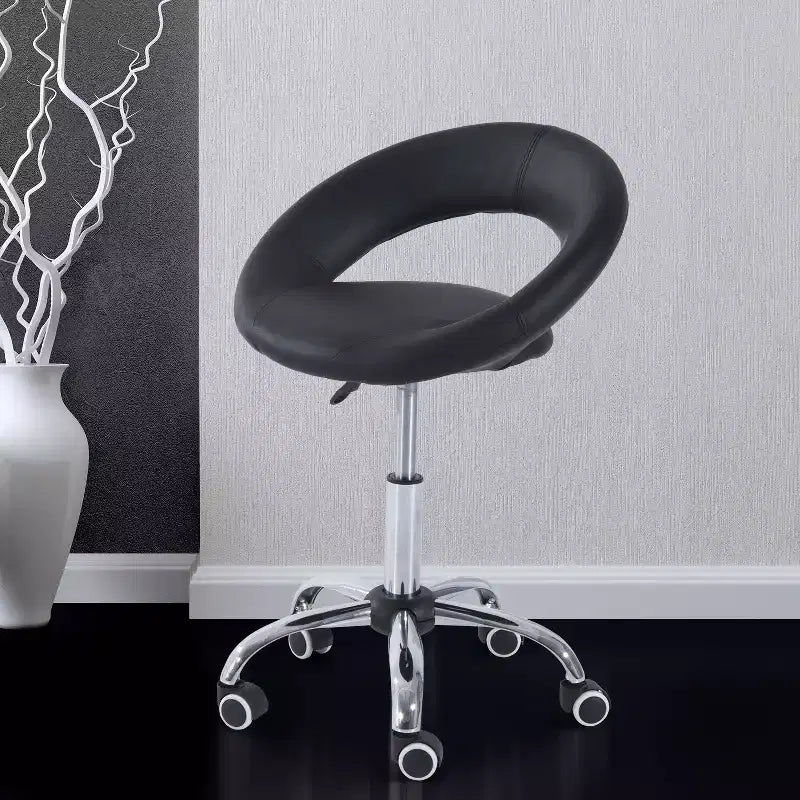 HOMCOM Crescent Rolling Salon Stool with Adjustable Height, Breathable Open Back, Foam Cushion Seat, and 5 Caster Wheels, Black
