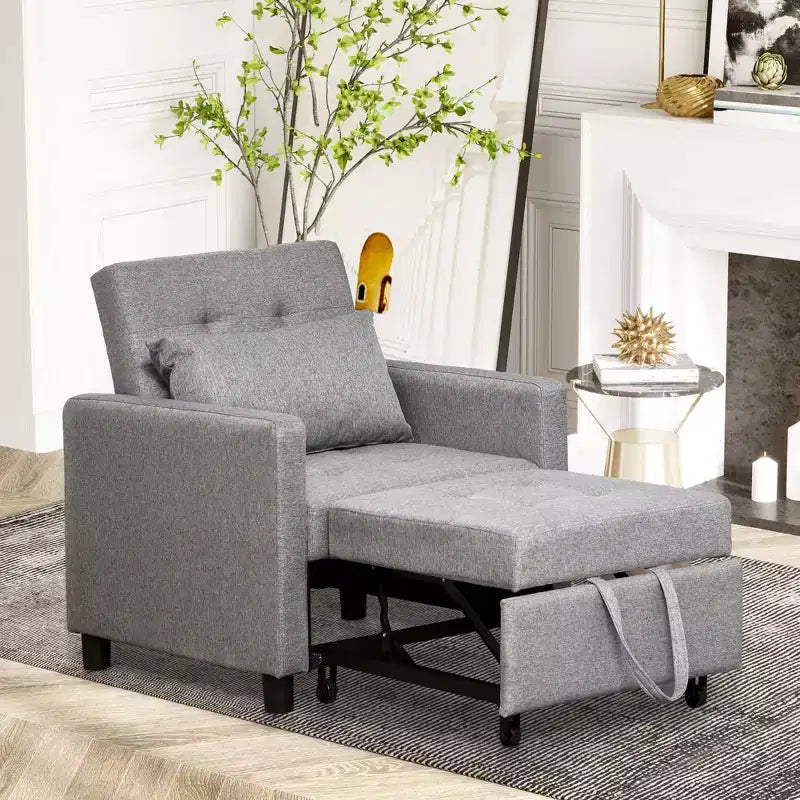 HOMCOM Convertible Sofa Lounger Chair Bed Multi-Functional Sleeper Recliner with Tufted Upholstered Fabric, Adjustable Angle Backrest, Pillow, Gray