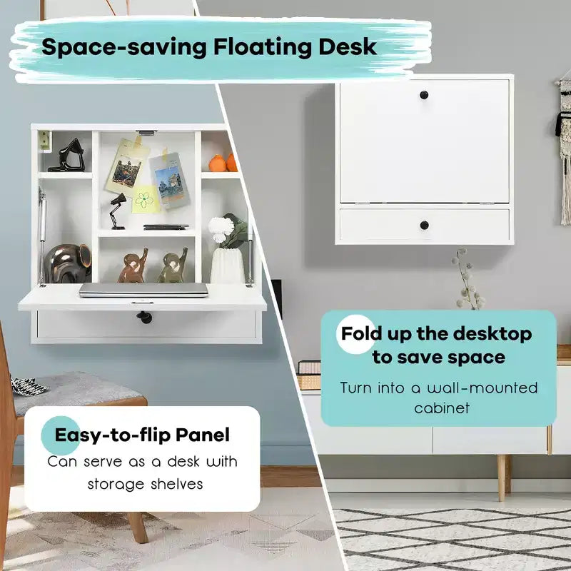 Costway Wall-Mount Floating Desk Foldable Space Saving Laptop Workstation