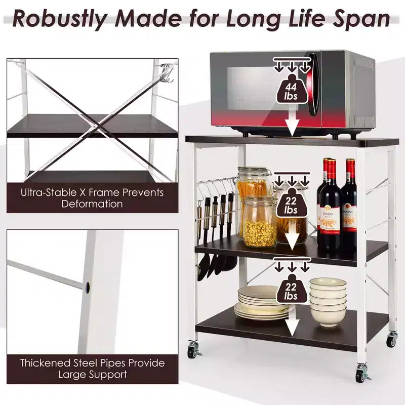 Costway 3-Tier Kitchen Baker's Rack Microwave Oven Storage Cart w/ Hook