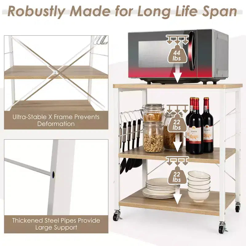 Costway 3-Tier Kitchen Baker's Rack Microwave Oven Storage Cart w/ Hook