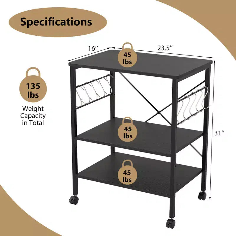 Costway 3-Tier Kitchen Baker's Rack Microwave Oven Storage Cart w/ Hook