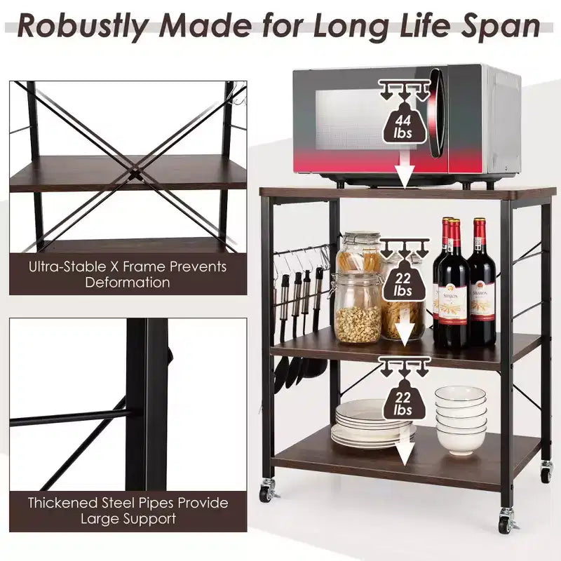 Costway 3-Tier Kitchen Baker's Rack Microwave Oven Storage Cart w/ Hook