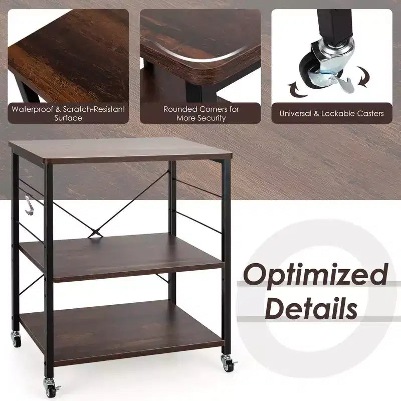 Costway 3-Tier Kitchen Baker's Rack Microwave Oven Storage Cart w/ Hook