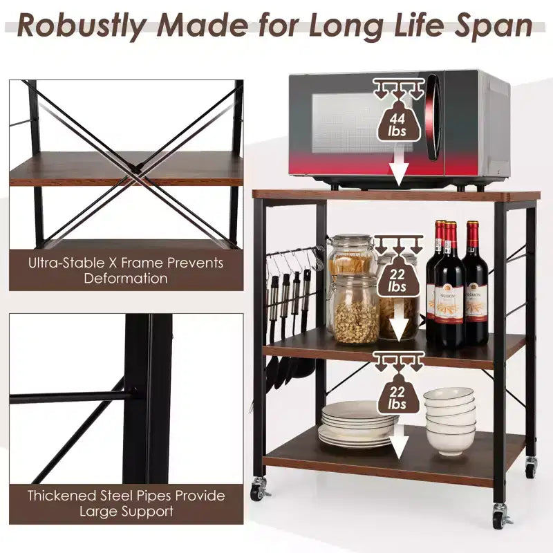 Costway 3-Tier Kitchen Baker's Rack Microwave Oven Storage Cart w/ Hook