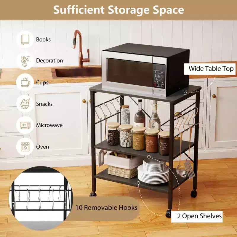 Costway 3-Tier Kitchen Baker's Rack Microwave Oven Storage Cart w/ Hook