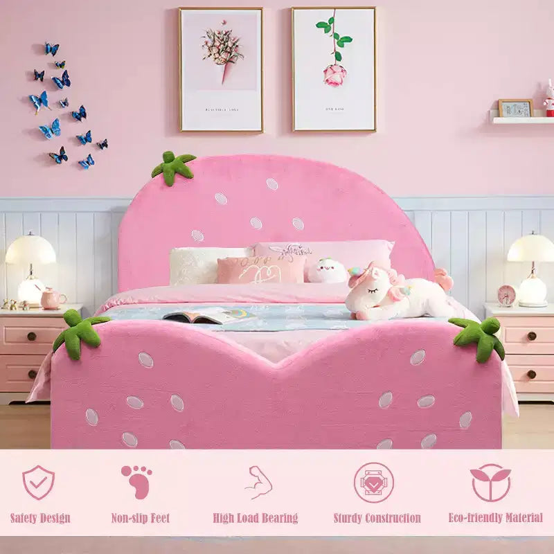Costway Kids Children Upholstered Platform Toddler Bed Bedroom Furniture Berry Pattern