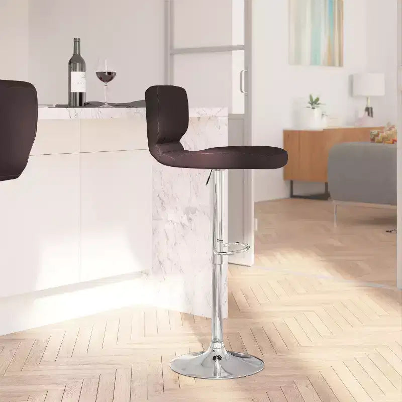 Merrick Lane Set of Two Swivel Bar Stools with Vertical Stitched Back and Adjustable Chrome Base with Footrest