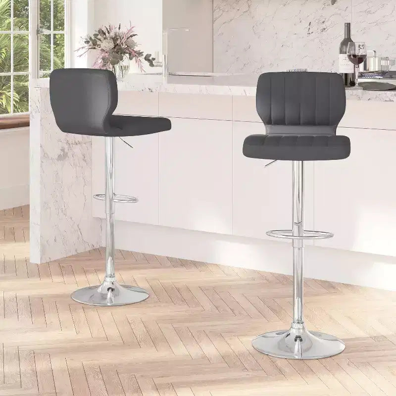 Merrick Lane Set of Two Swivel Bar Stools with Vertical Stitched Back and Adjustable Chrome Base with Footrest
