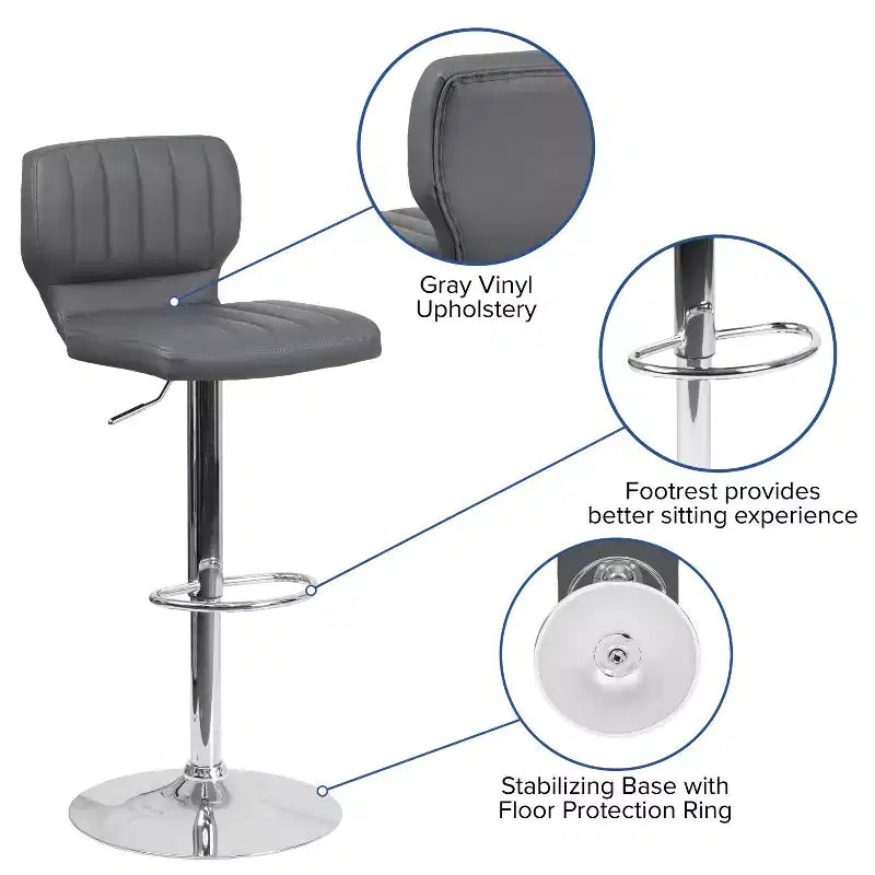 Merrick Lane Set of Two Swivel Bar Stools with Vertical Stitched Back and Adjustable Chrome Base with Footrest