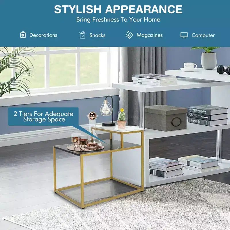 Costway 2 Tier End Side Table Metal Frame Nightstand with Storage Shelf Living Room