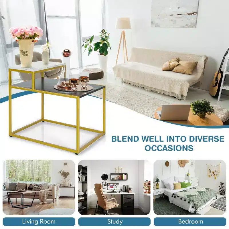 Costway 2 Tier End Side Table Metal Frame Nightstand with Storage Shelf Living Room