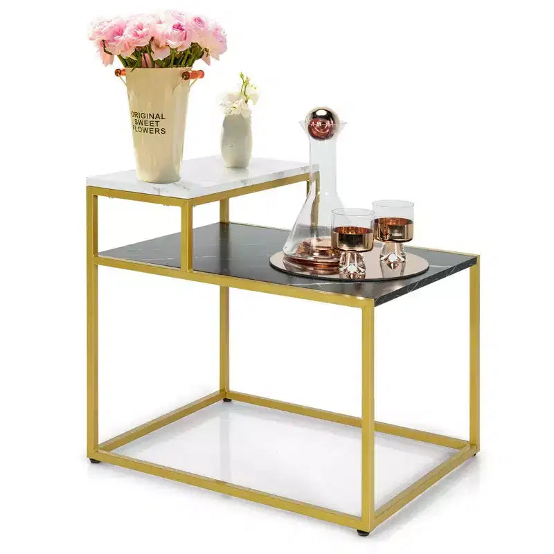Costway 2 Tier End Side Table Metal Frame Nightstand with Storage Shelf Living Room