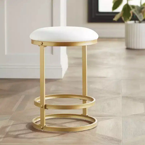 55 Downing Street Palmer Gold Metal Bar Stool 26 High Modern White Fabric Round Cushion with Footrest for Kitchen Counter Height Island Home House