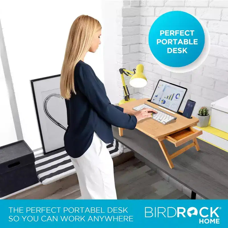 BirdRock Home Portable Sit or Stand Desk with Storage Drawer and Media Slot - Natural