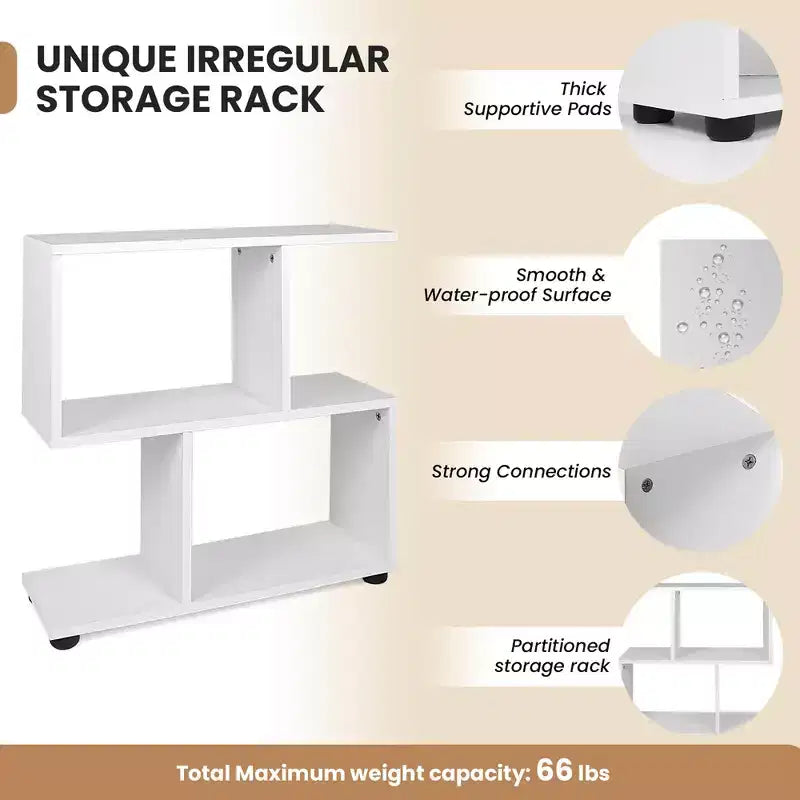 Costway 2-Tier Bookshelf S Shaped Bookcase Storage Rack Display Shelf w/Thick Foot Mats