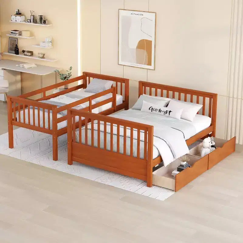 Twin over Full Bunk Bed with Built-in Ladder & Drawers, Pine Wood & MDF Bed Frame, Convertible into Two Beds - ModernLuxe