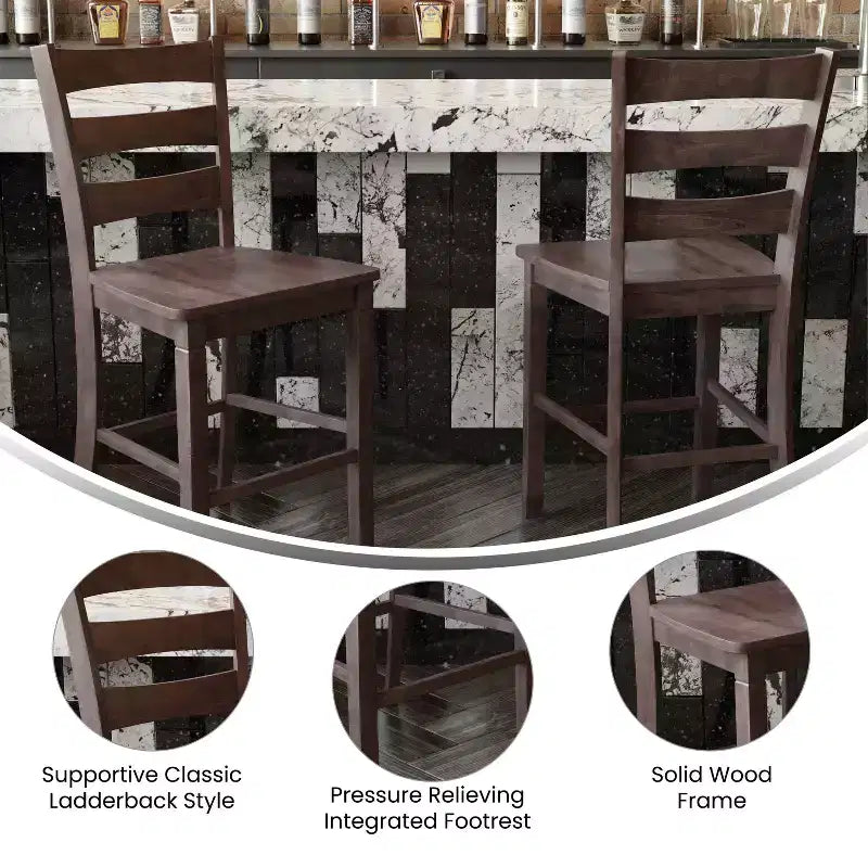 Merrick Lane Set of Two Classic Wooden Ladderback Counter Height Barstools with Solid Wood Seats