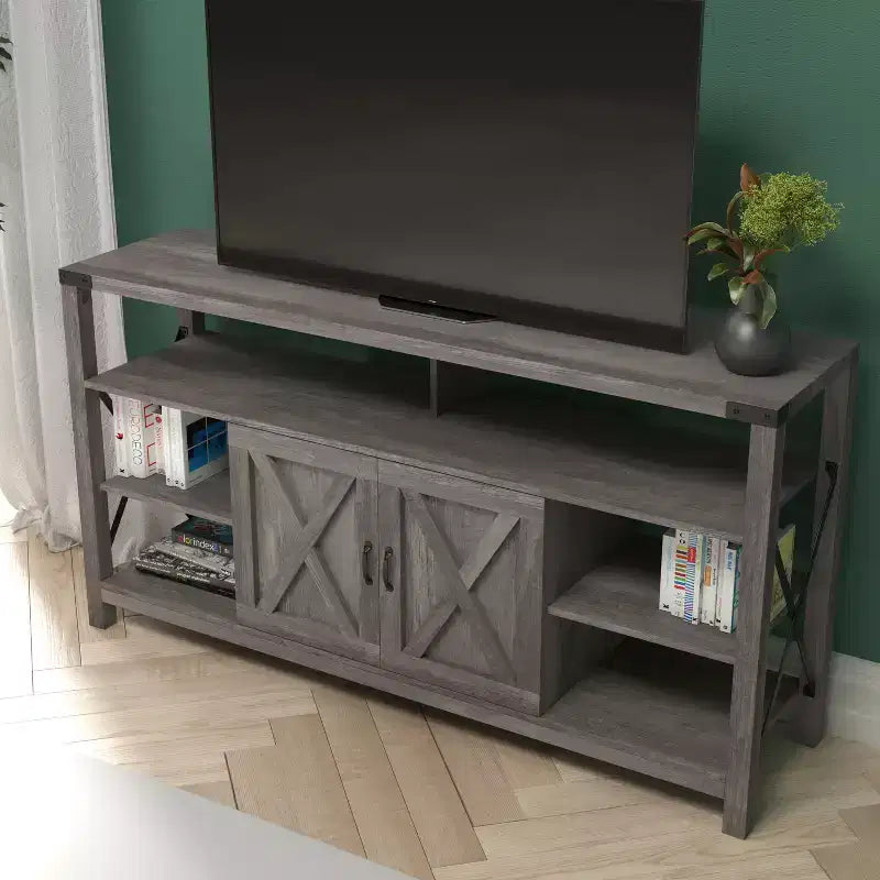 Emma and Oliver Modern Rustic Farmhouse Media Console Cabinet with Spacious Open and Closed Storage