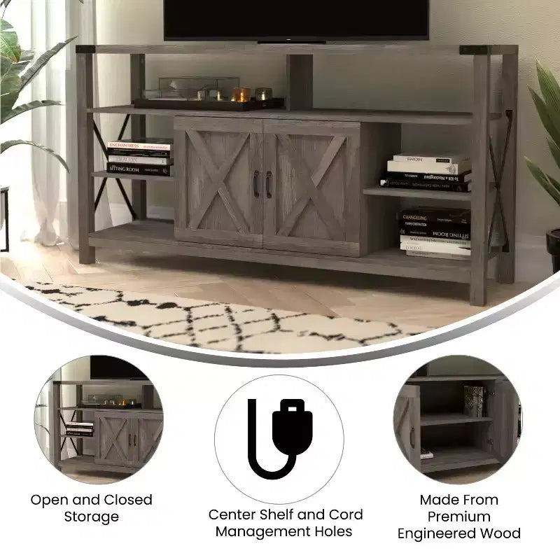 Emma and Oliver Modern Rustic Farmhouse Media Console Cabinet with Spacious Open and Closed Storage
