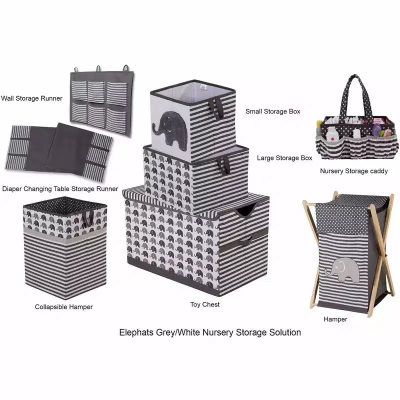 Bacati - Elephants White/Gray Laundry Hamper with Wooden Frame