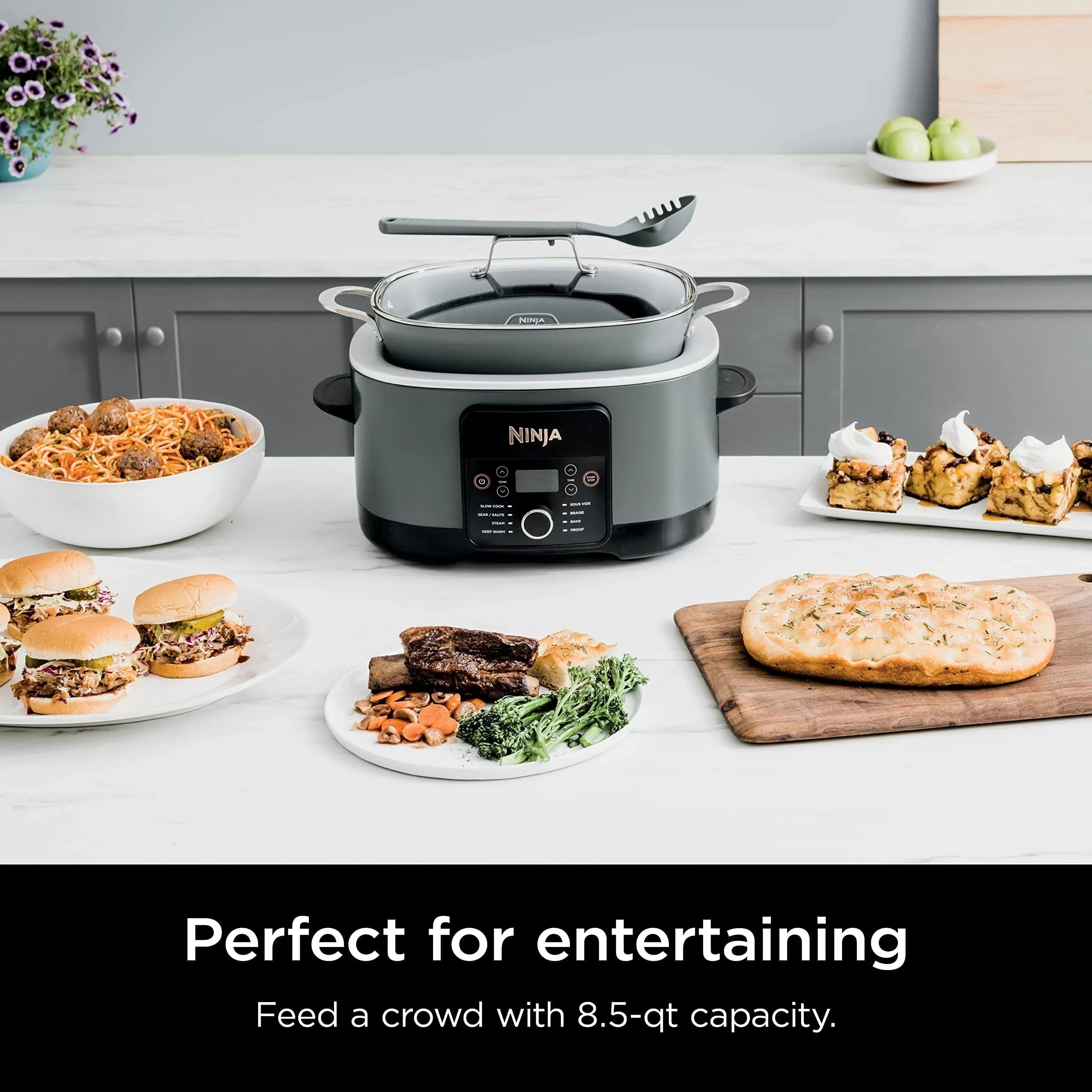Multicooker da 8,5 Litri, con Funzione 8-in-1: Slow Cooker, Forno Olandese, Vaporiera, Coperchio in Vetro, Cucchiaio Integrato, Pentola Adatta al Forno fino a 260°C