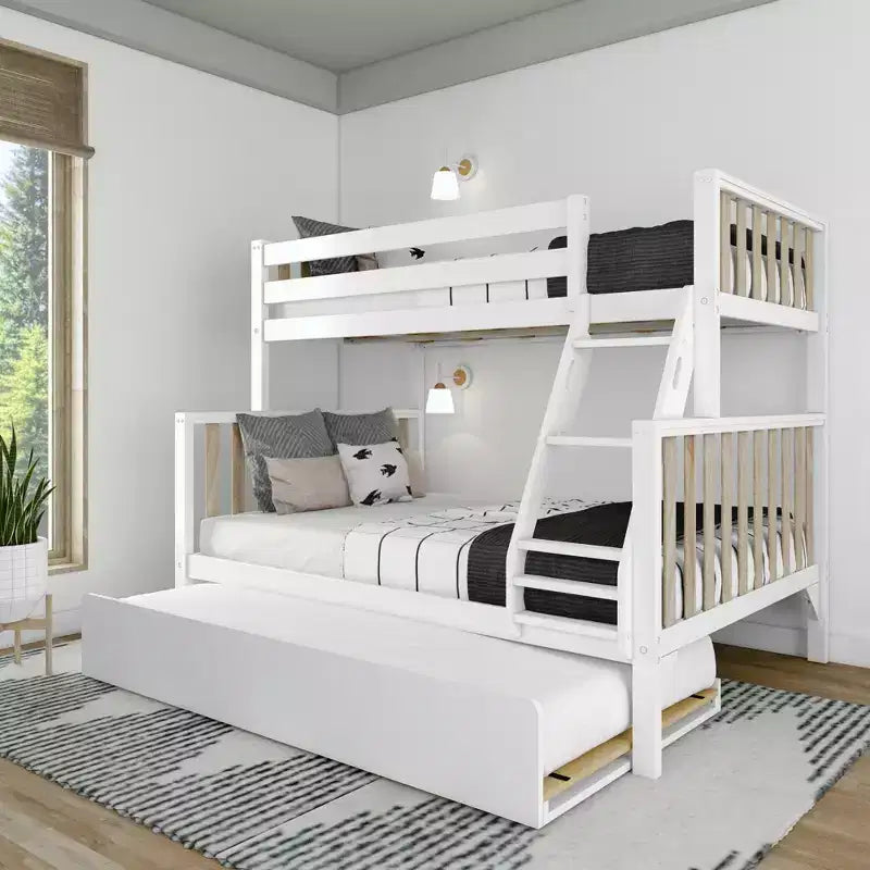 Max & Lily Bunk Bed Twin over Full with Trundle, Solid Wood Scandinavian Style Bunk Beds for Kids