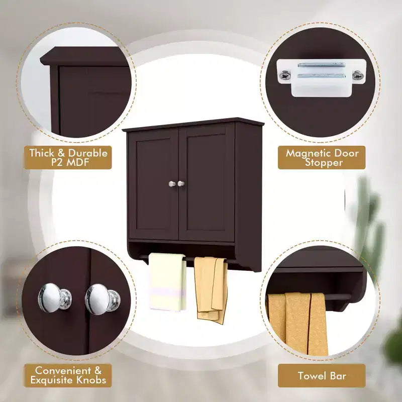Costway Wall Mounted Bathroom Medicine Cabinet Storage Cupboard with Towel Bar Brown/Grey