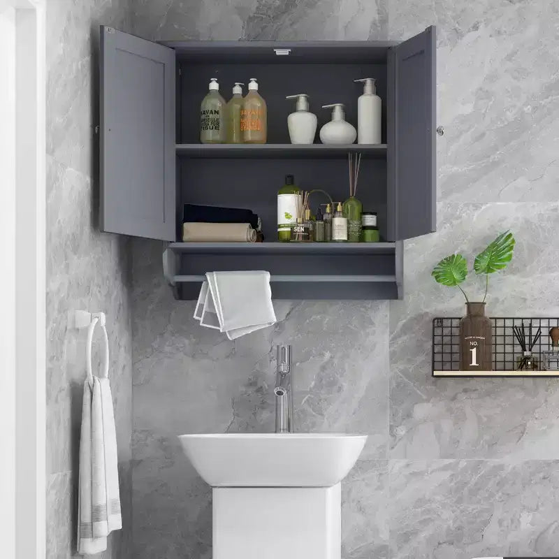 Costway Wall Mounted Bathroom Medicine Cabinet Storage Cupboard with Towel Bar Brown/Grey