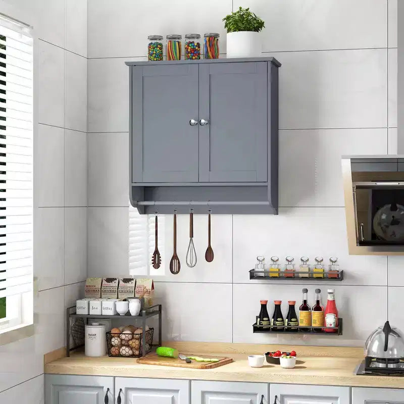 Costway Wall Mounted Bathroom Medicine Cabinet Storage Cupboard with Towel Bar Brown/Grey