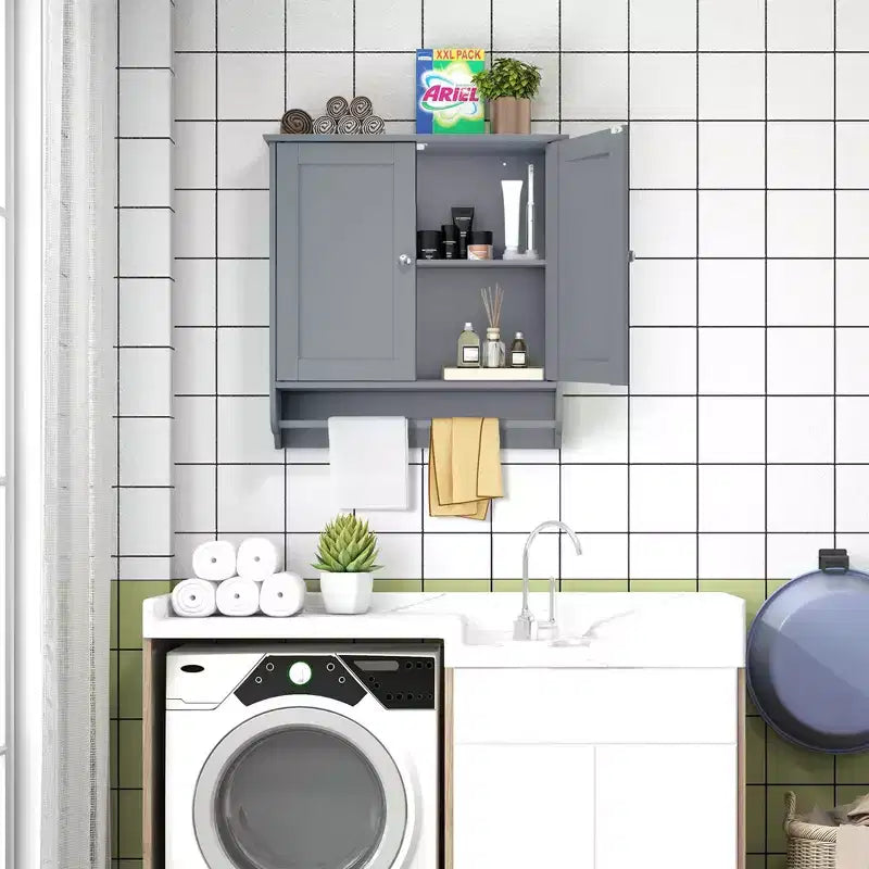 Costway Wall Mounted Bathroom Medicine Cabinet Storage Cupboard with Towel Bar Brown/Grey