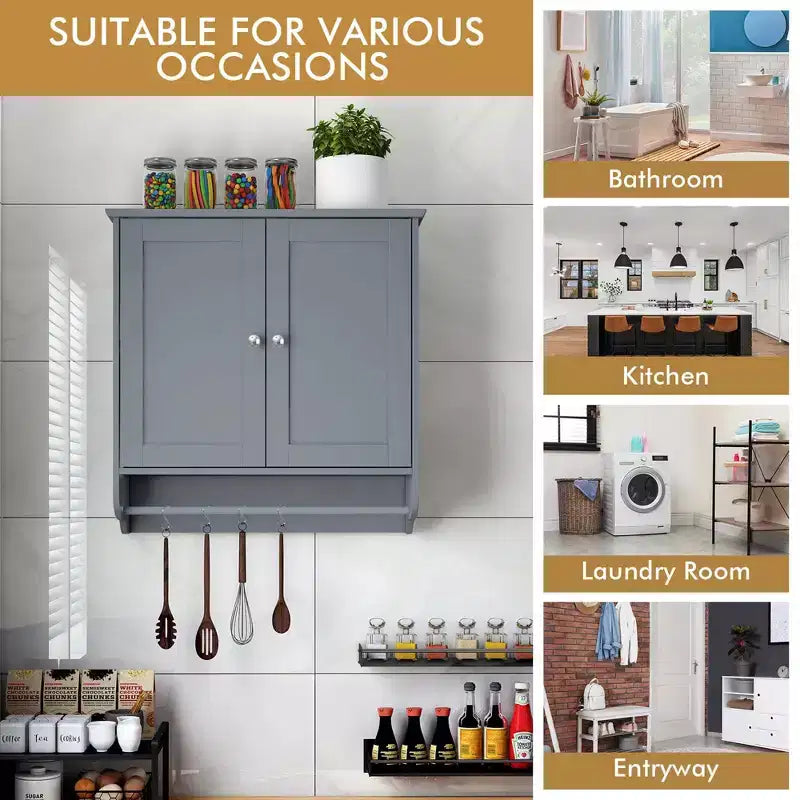 Costway Wall Mounted Bathroom Medicine Cabinet Storage Cupboard with Towel Bar Brown/Grey