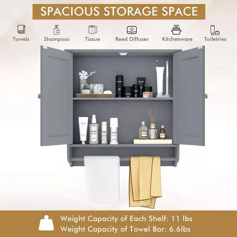 Costway Wall Mounted Bathroom Medicine Cabinet Storage Cupboard with Towel Bar Brown/Grey