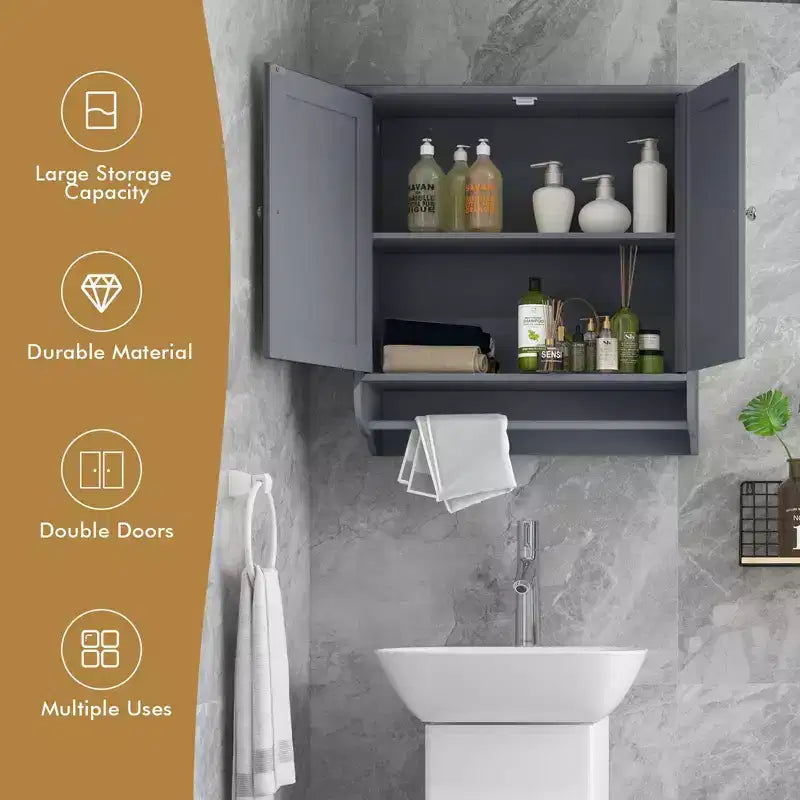 Costway Wall Mounted Bathroom Medicine Cabinet Storage Cupboard with Towel Bar Brown/Grey