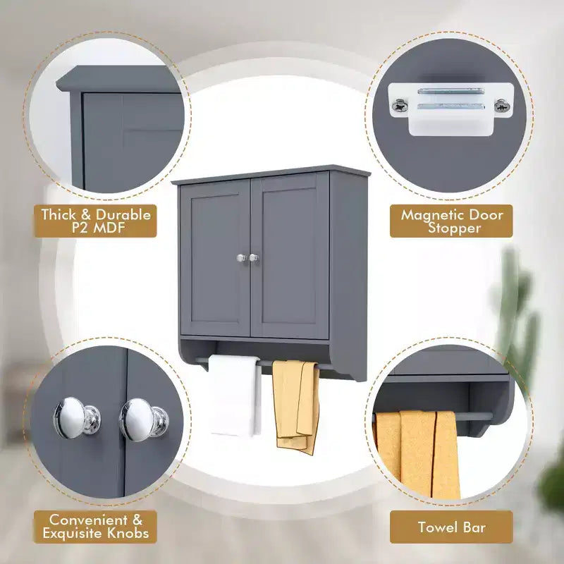 Costway Wall Mounted Bathroom Medicine Cabinet Storage Cupboard with Towel Bar Brown/Grey