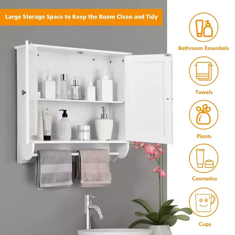 Costway Wall Mounted Bathroom Medicine Cabinet Storage Cupboard with Towel Bar Brown/Grey