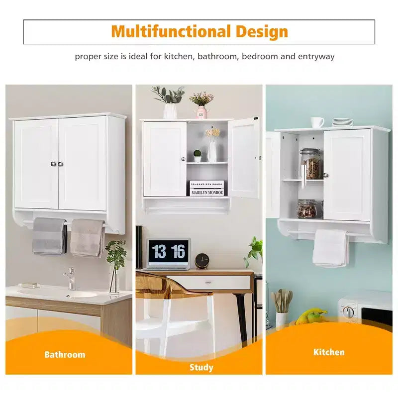Costway Wall Mounted Bathroom Medicine Cabinet Storage Cupboard with Towel Bar Brown/Grey
