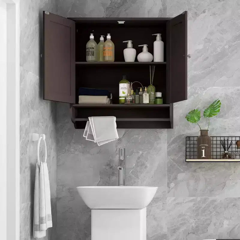 Costway Wall Mounted Bathroom Medicine Cabinet Storage Cupboard with Towel Bar Brown/Grey