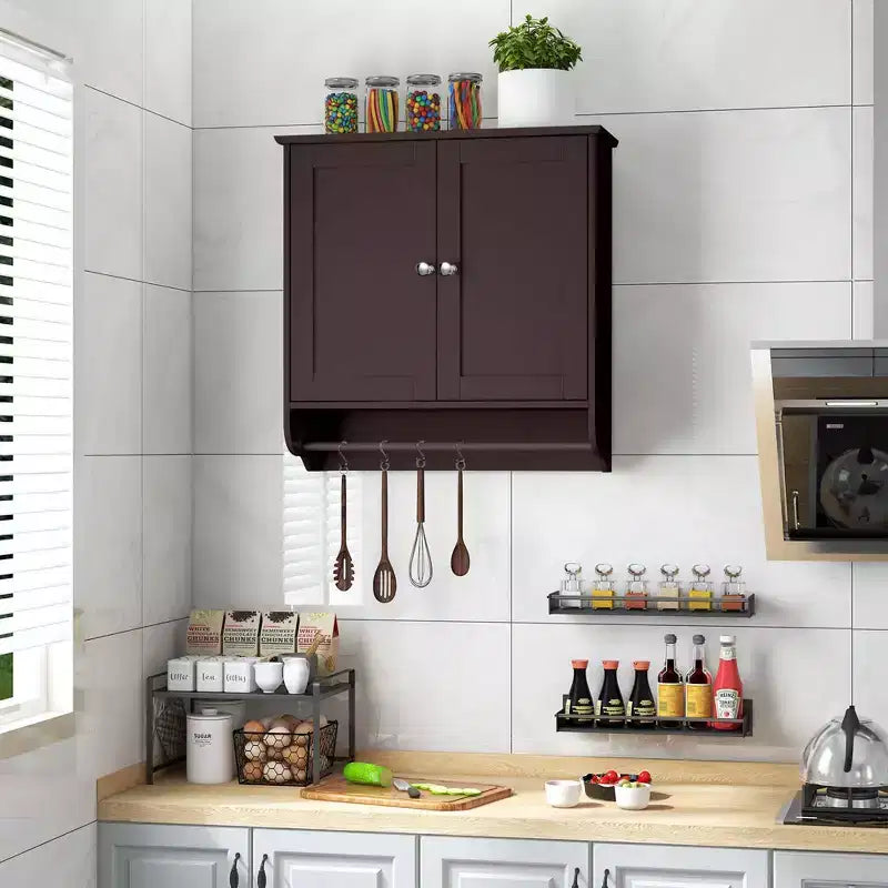 Costway Wall Mounted Bathroom Medicine Cabinet Storage Cupboard with Towel Bar Brown/Grey