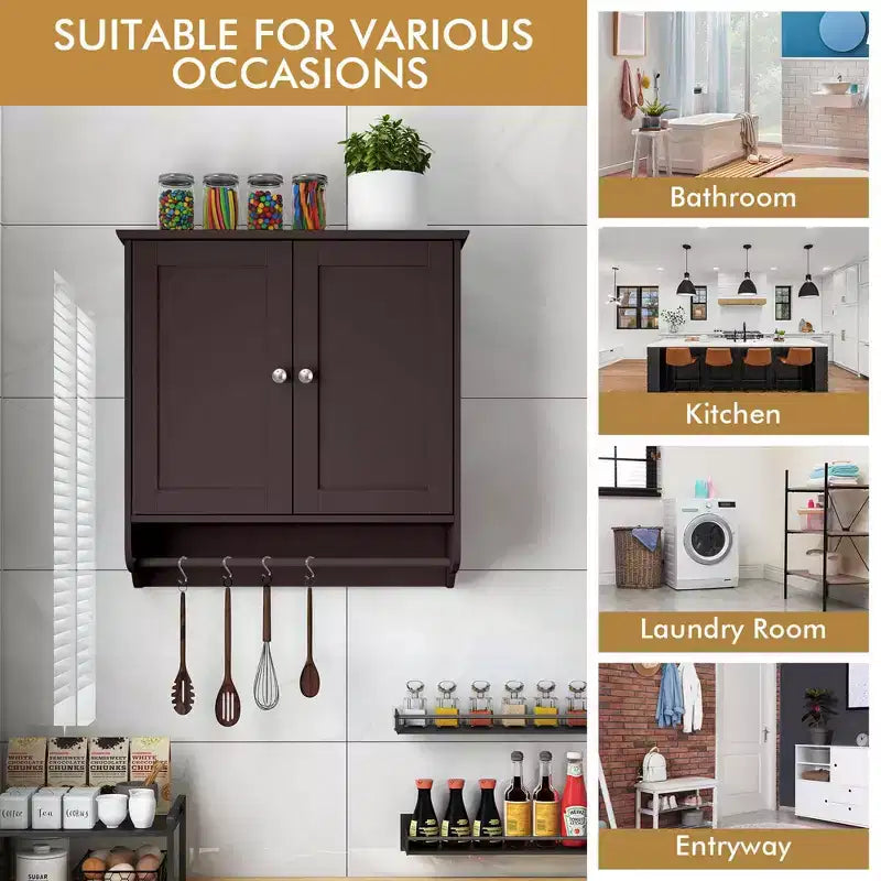 Costway Wall Mounted Bathroom Medicine Cabinet Storage Cupboard with Towel Bar Brown/Grey