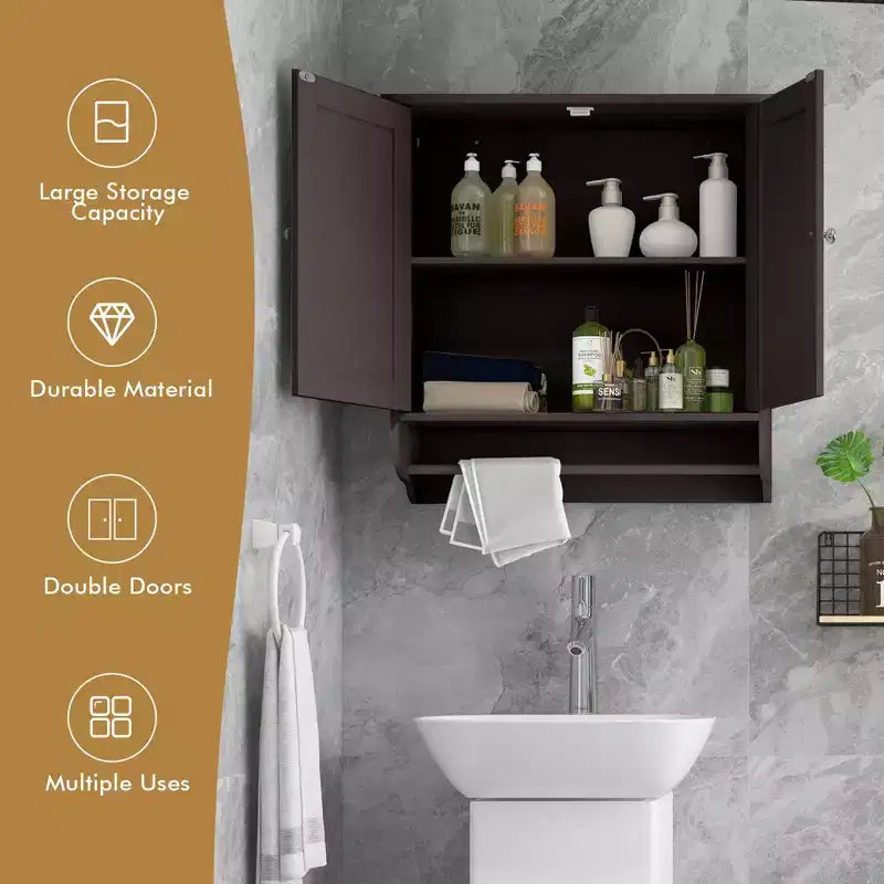 Costway Wall Mounted Bathroom Medicine Cabinet Storage Cupboard with Towel Bar Brown/Grey
