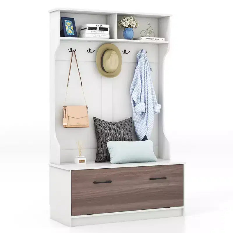 Costway 63 Inches Hall Tree with Coat Rack and Storage Bench Multifunctional Coat Rack Black/White