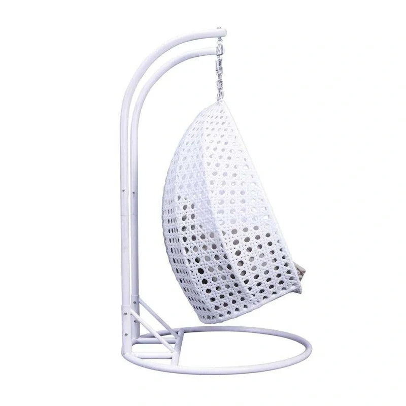 Egg-Shaped Hanging Swing Chair with Metal Stand, Wicker Frame & Cushion ¨C Beige / Charcoal Blue / White / Blue / Antique White / Brown / Canvas, Seats 2