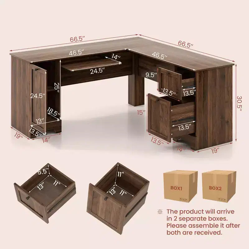 Costway 66.5'' L Shaped Home Office Desk Corner Computer Desk Keyboard Tray Dark