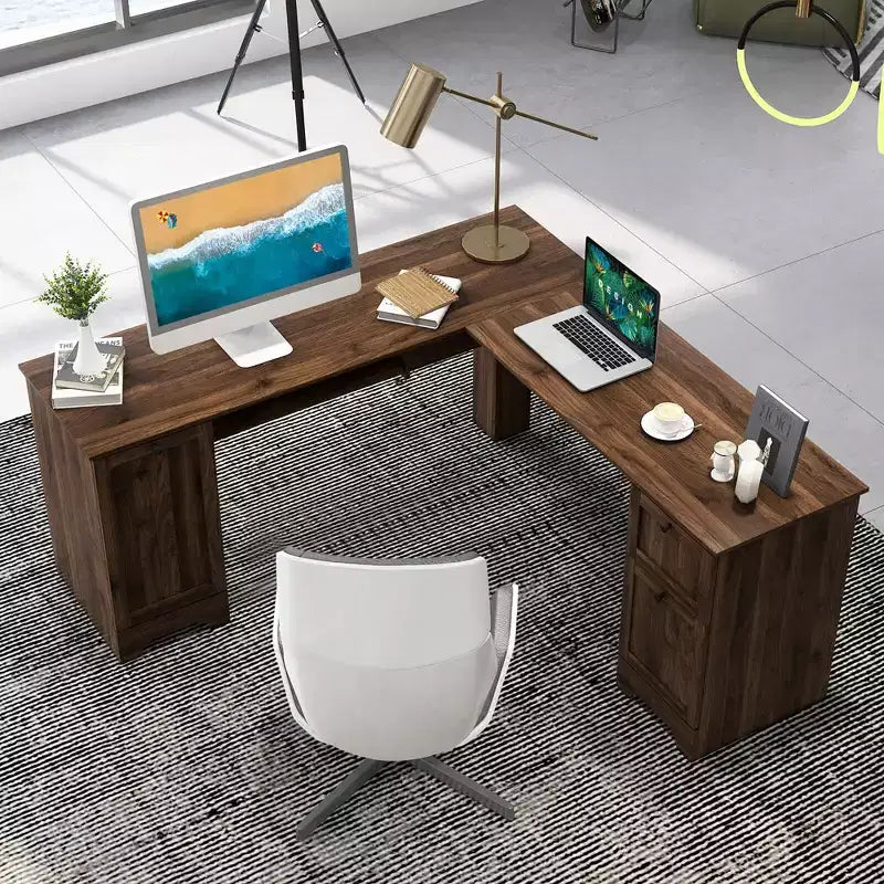Costway 66.5'' L Shaped Home Office Desk Corner Computer Desk Keyboard Tray Dark