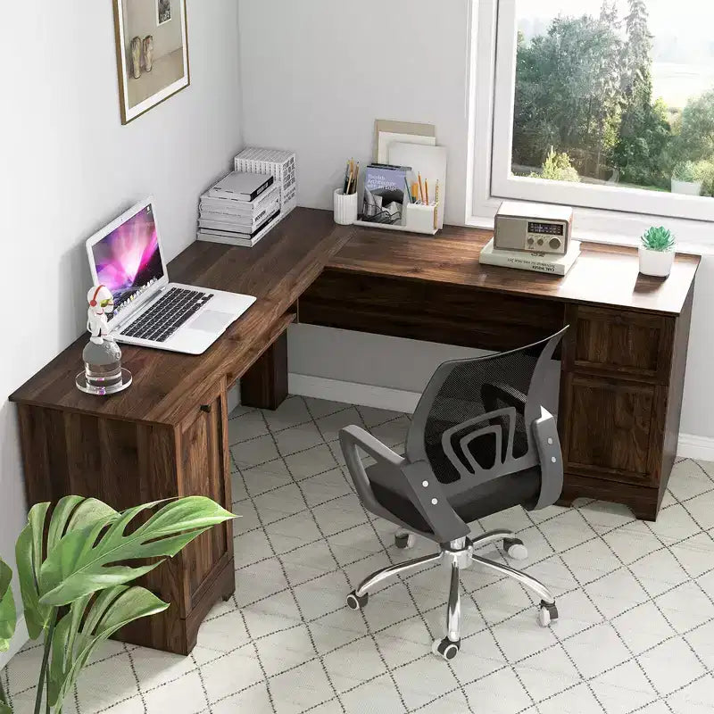 Costway 66.5'' L Shaped Home Office Desk Corner Computer Desk Keyboard Tray Dark