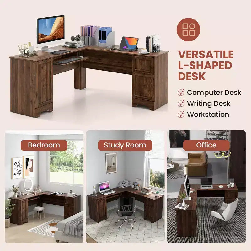 Costway 66.5'' L Shaped Home Office Desk Corner Computer Desk Keyboard Tray Dark