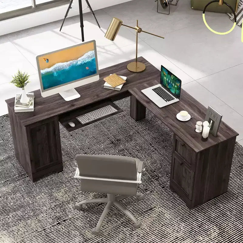 Costway 66.5'' L Shaped Home Office Desk Corner Computer Desk Keyboard Tray Dark